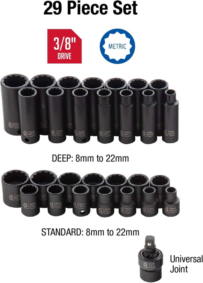 Sunex 3330 3/8" Drive Master Impact Socket Set - 29 Piece Metric Set (8mm-22mm) with Heavy Duty Storage Case - Image 3